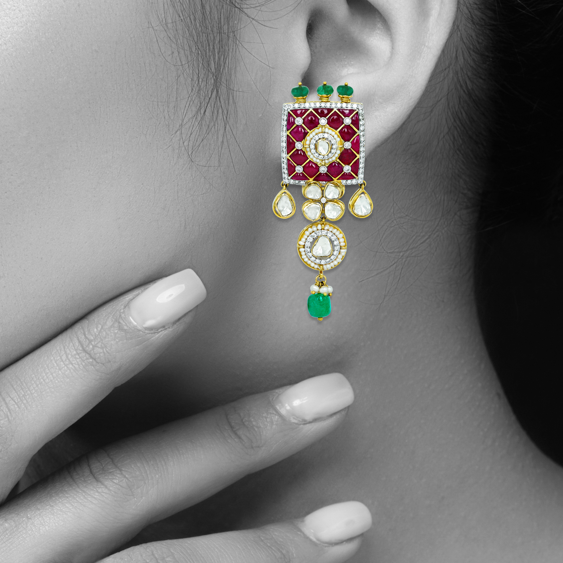 Ruby Talaf Earrings with Polki and Emerald Bead Drops